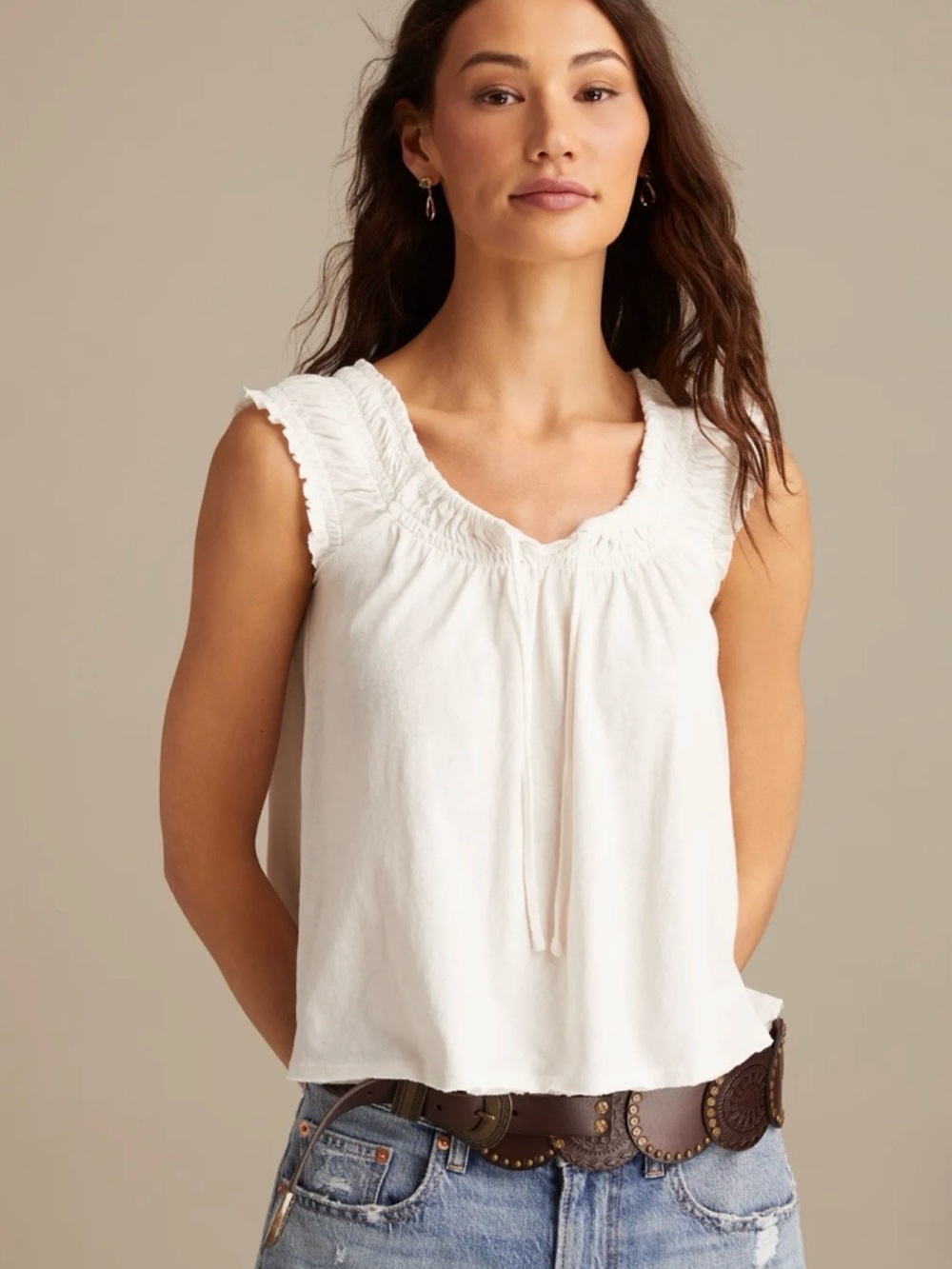 Lucky Smocked Tie Front Knit Sleeveless White Ruffle-Trim Peasant Top Size L